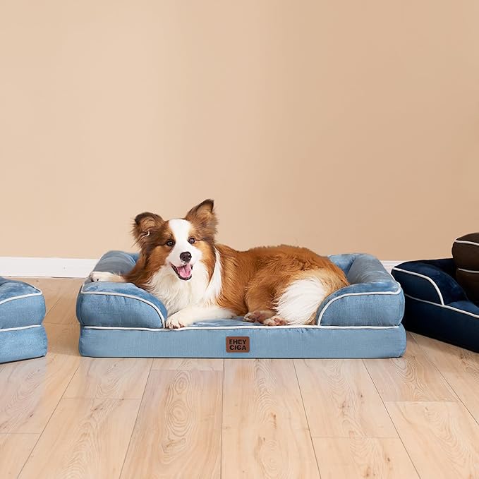 EHEYCIGA Orthopedic Dog Beds for Large Dogs, Waterproof Memory Foam Large Dog Bed with Sides, Non-Slip Bottom and Egg-Crate Foam Pet Couch Bed with Washable Removable Cover, Washed Blue