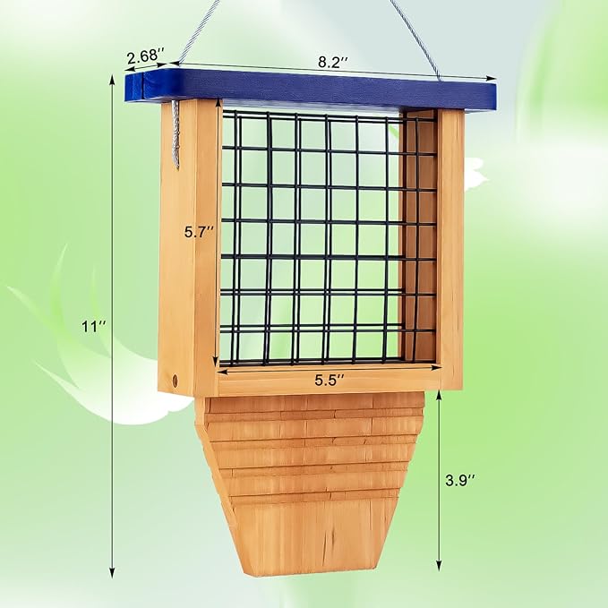 Wooden Suet Bird Feeder for Outside Hanging, Woodpecker Suet Feeder with Tail Prop, Hanging Bird Feeder for Wild Birds, 1 Pack, Blue