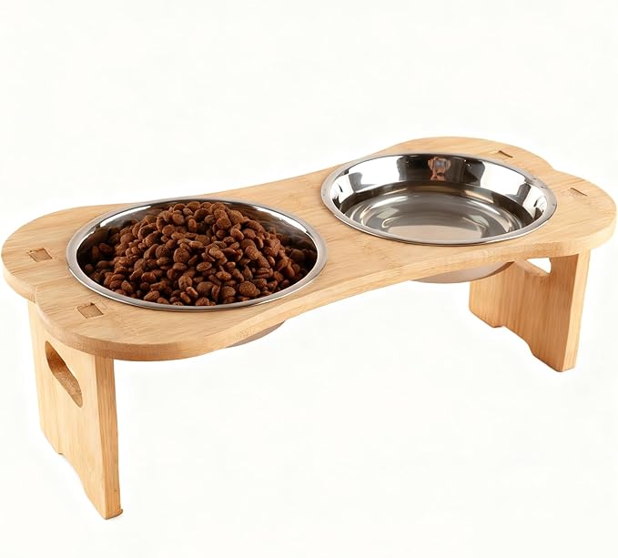 Elevated Dog Cat Bowls-2pack Stainless Steel Pet Food Water Bowls with Anti-Slip Bamboo Stand-Raised Dog Bowl for Small Dogs-Raised Cat Bowl Stand-Pet Feeding Station（4.7'' Height