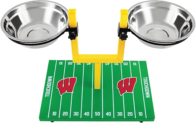 NCAA Wisconsin Badgers Goalpost Football Field Dog Feeder – Adjustable Elevated Dog Bowls with Stand, 2 Stainless Steel Bowls, Non-Slip Rubber Feet, Raised Pet Feeder for Large & Small Dogs