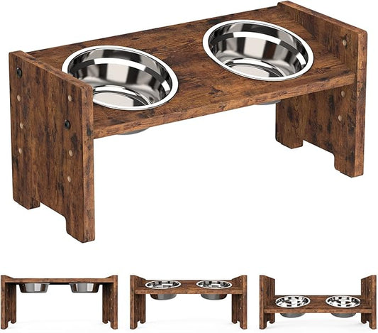 Vantic Elevated Dog Bowls, Adjustable Raised Dog Bowl Stand for Small Puppy and Cats, Sturdy Pet Food Feeder with 2 Stainless Steel Dishes, Rustic Brown