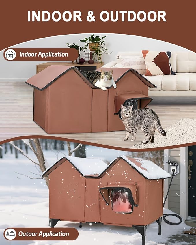 Extra Large Heated Cat House for Outside in Winter, Elevated Heated Outdoor Cat House Weatherproof with Heating pad, Insulated Outdoor Cat Shelter for Multiple Cats Small Dogs (Brown)
