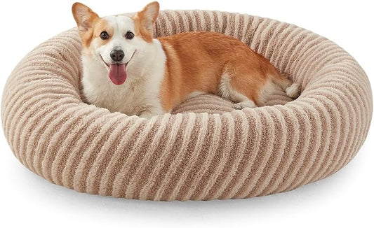 MIXJOY Dog Beds Large Sized Dogs, Washable Dogs Bed with Removable Cover, Cozy Donut Dog Ded Fluffy Plush Faux Fur Pet Bed with Anti-Slip Bottom, 36"x36"x10", Beige