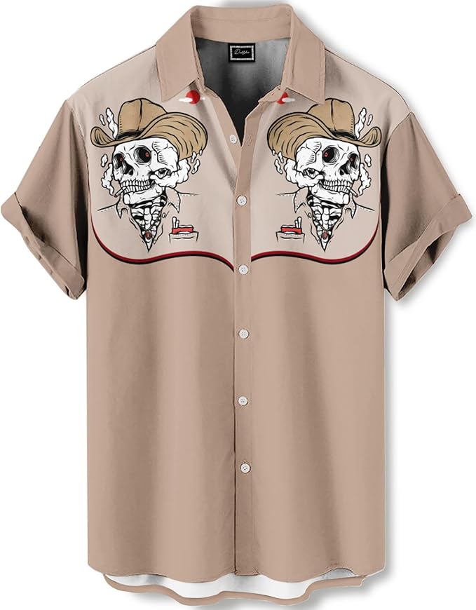 Men’s Hawaiian Shirt Western Cowboy Symmetrical Print Short Sleeve Button Down Casual Beach Holiday Summer Shirt