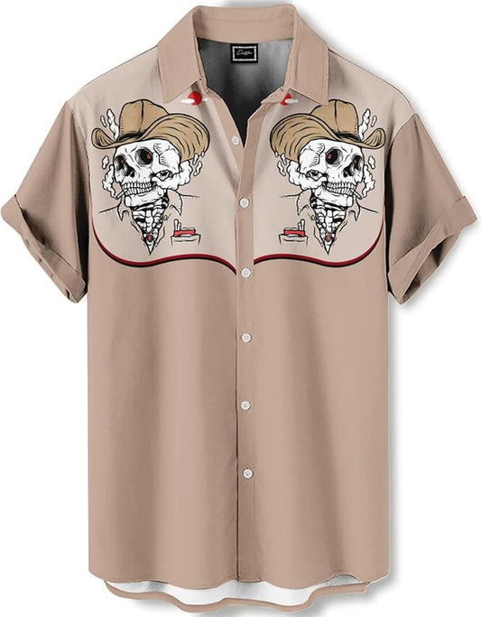 Men’s Hawaiian Shirt Western Cowboy Symmetrical Print Short Sleeve Button Down Casual Beach Holiday Summer Shirt