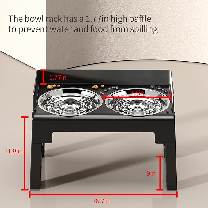 PAKEWAY Elevated Dog Bowls, Spill Proof, Tiltable Dog Feeder with 2 Stainless Steel Bowls, 6 Height Adjustable Raised Bowl