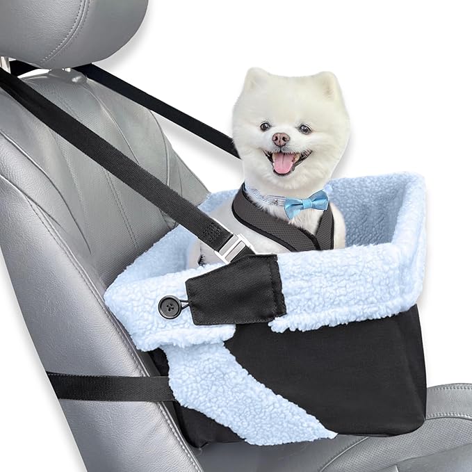 Blue Dog Booster Seat - Washable, Adjustable, Collapsible Pet Travel Carrier Bed - Safety Seat Belt Tether for Small Dogs, Puppies, and Pets up to 18 lbs