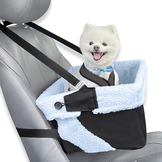 Blue Dog Booster Seat - Washable, Adjustable, Collapsible Pet Travel Carrier Bed - Safety Seat Belt Tether for Small Dogs, Puppies, and Pets up to 18 lbs