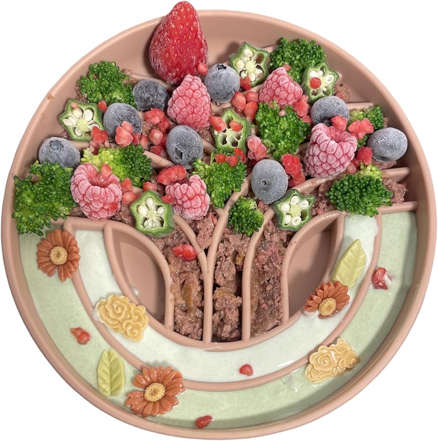 OHMO Slow Feeder Dog Bowls(Tree Life, Coral) Enrichment Soft Silicone Food Safe Feeding Bowl Non Slip Suction Cup for All Breed Pet, Cat Slow Down Eating Dishes, Boredom and Anxiety Reducer