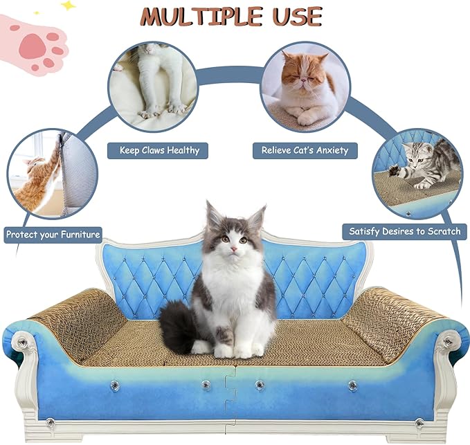 Luxury Cardboard Cat Scratcher Sofa Bed, Couch Shaped Scratching Board, Scratch Lounge with Catnip, Cat Scratcher for Indoor Cats Large Blue
