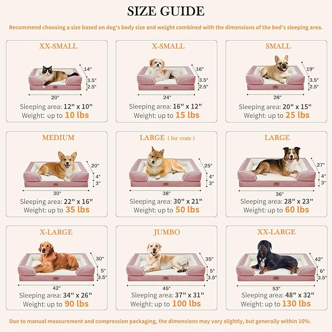 Comfort Expression Medium Dog Beds Waterproof Orthopedic Foam Dog Sofa Beds for Medium Large Dogs Comfy Pet Bed with Washable Removable Cover & Non-Slip Bottom(Medium,Pink)