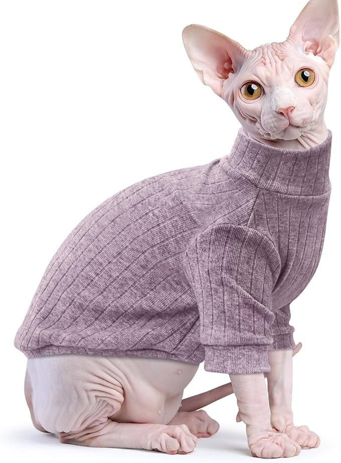 Idepet Sphynx Hairless Cats Sweater Shirt Kitten Soft Puppy Clothes Pullover Cute Cat Pajamas Jumpsuit Cotton Apparel Pet Winter Turtleneck for Cats and Teacup Chihuahua Small Dogs(Purple,M)