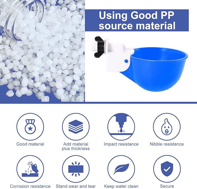 Chicken Waterer Cups (8 Pack/Blue) - DIY Automatic Large Chicken Water Feeder for Ducks,Chicks, Turkeys, Quail, Bunny, Bird and Other Various Poultry Dispenser with Matching Drill
