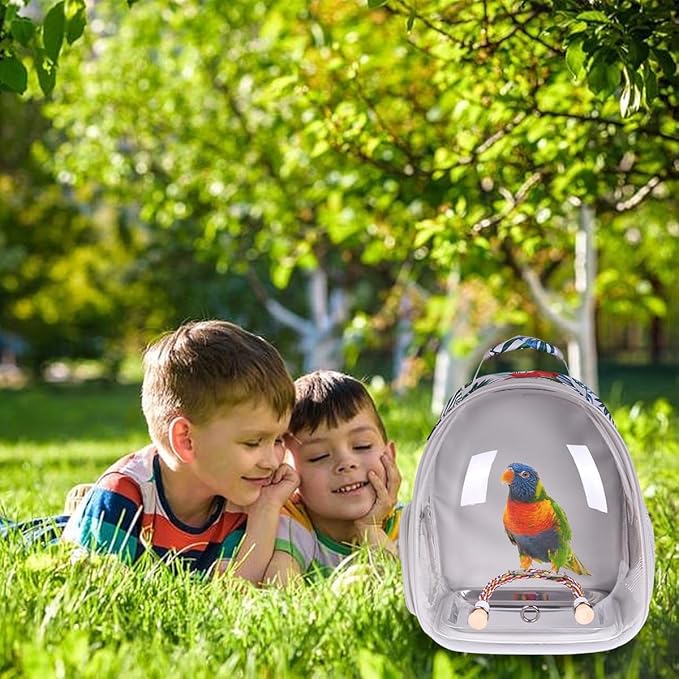 Bird Traval Carrier Cage, Clear Space Capsule Astronaut Backpack to Carry Parakeet Cockatiel Parrot with Metal Tray Wood Perch, Vet Transport Book Bag Floral Printed