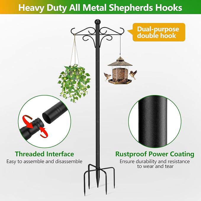 Shepherds Hooks for Outdoor, 2 Pack 76.8 in Heavy Duty Bird Feeder Pole, Thickened Double Shepherd Hook Stand for Hanging Plants, Lanterns, Solar Lights, Wind Chime, Hummingbird Feeder, Garden