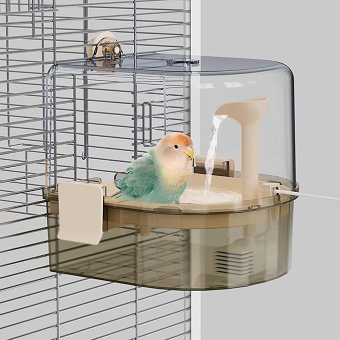 Automatic Bird Baths for Cage – Indoor Parakeet Bath with Pump, Bird Shower with 2 Modes Running Water, Bird Cage Accessory for Pet Birds Conure Budgies Cockatiels Lovebird (Light Brown)