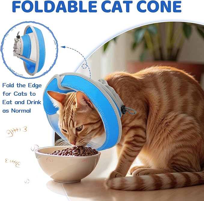 Breathable Air Mesh Cat Cone Collar Soft to Stop Licking, Adjustable, Foldable Lightweight Kitten Cones After Surgery Recovery for Cats & Kittens (Light Blue,L)