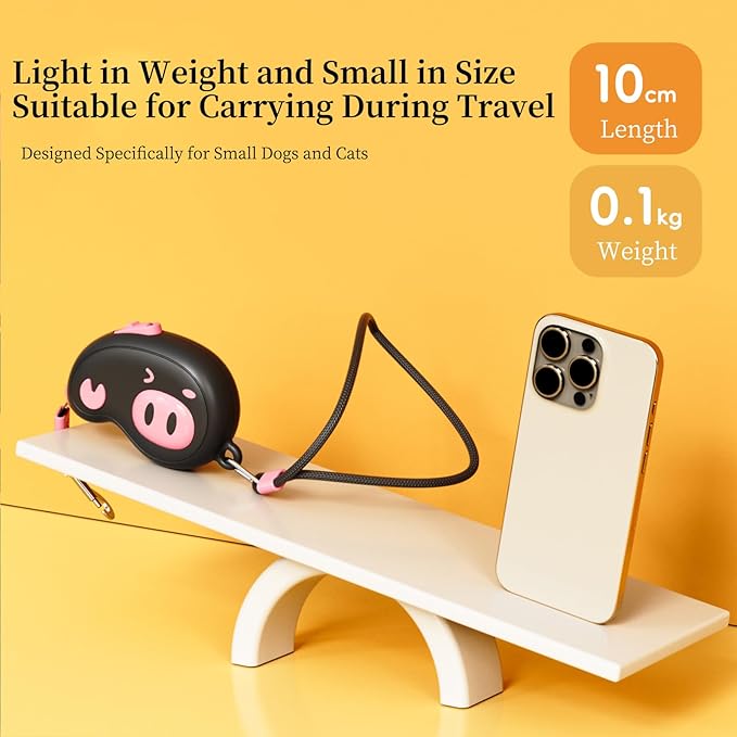 Pink Pig Design Retractable Puppy Leash - Lightweight 100g for Small Dogs, Cats, Rabbit ，Hamster ， 2.2m Rope, 50kg Pull, Capacity with Wrist Strap