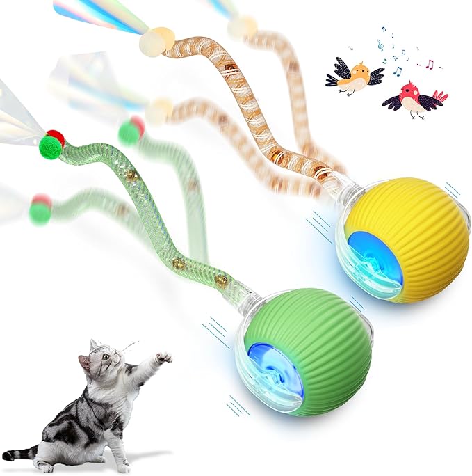2Packs Interactive Cat Toys for Indoor Cats, Interactive Cat Ball Toy with Elastic Mesh Tail, Automatic Cat/Kitten Toys with Chirping & Motion Activate, Cat Toys for Bored Indoor (Yellow+Green)