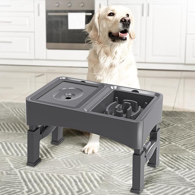 UPSKY 2-in-1 Elevated Dog Bowls Slow Feeder, 4 Height Adjustable Raised Bowls Stand, No Spill Dog Water Bowls, Anti-Slip Food and Water Bowl for Small Medium Dogs(Not Include Stainless Steel Bowl)