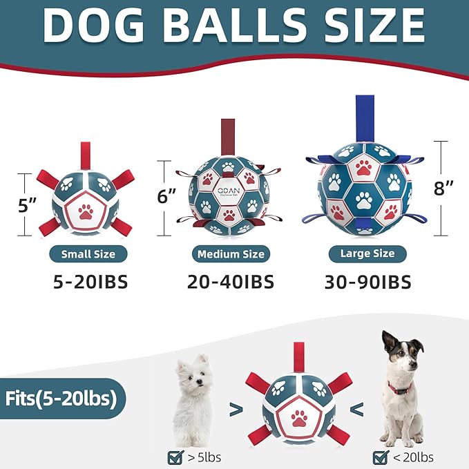 QDAN Dog Toys Soccer Ball with Straps, Outdoor Toys for Tug of War, Puppy Birthday Gifts, Dog Water Toy, Durable Balls for Small Dogs - Blue Red（5 Inch）