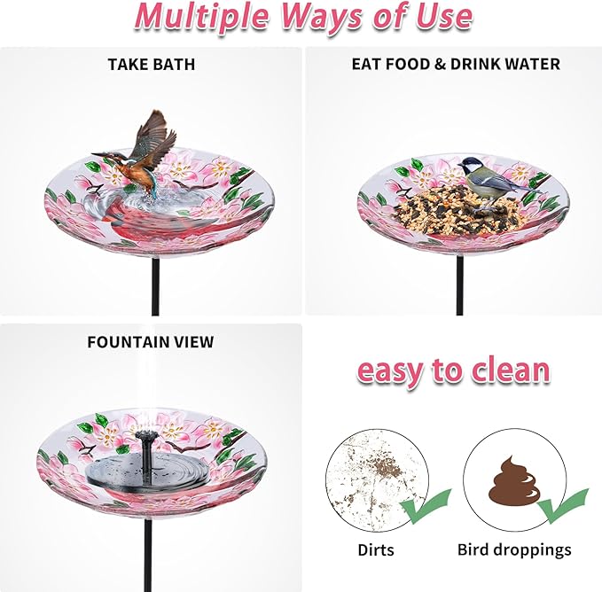 MUMTOP Glass Bird Baths for Outdoors-Outdoor Bird Bath Bowl- Cardinal and Flower Birdbaths Yard Stake, Bird Feeders for Outside, Garden, Patio, Lawn Decor