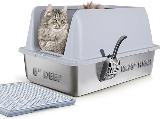 6" Deep 13.75" High Wall Sides Stainless Steel Cat Litter Box with Lid Great for High Peeing Cats.. Large Litter Box Leak Proof Litter Pan, Easy Clean, Non Stick, No Odor, with Mat and Litter Scoop