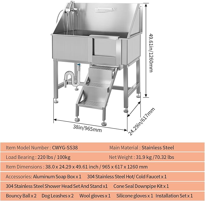 Dog Washing Station 38'' Stainless Steel Pet Grooming Tub for Large Dogs Over-Size Professional Dog Grooming Bathtub Station Wash Shower Sink Pet Grooming Bathtub Station,Right Door