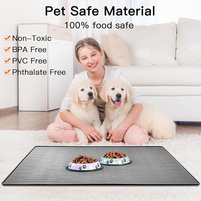 48" x 32" XXXL Largest Pet Food Mat, Silicone Dog Mats for Food and Water, Nonslip Pet Feeding Mats for Floors,Dog Cat Bowl Mat with Raised Edges, Beige