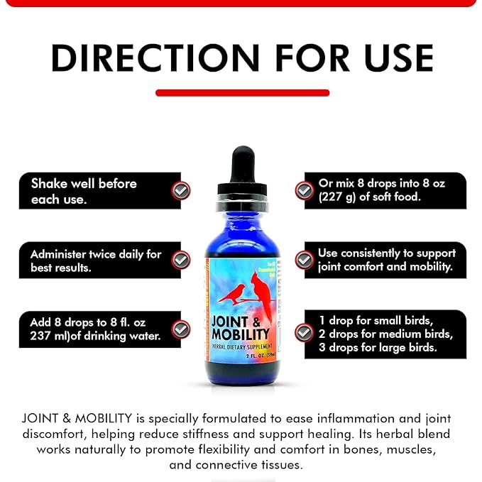 Morning Bird Joint & Mobility 2 fl oz – Muscle Pain Relief Supplement for Joint Health, Stop Pain & Arthritis Supplements – Herbal Liquid Formula for Aging, Injured, or Stressed for All Bird Types
