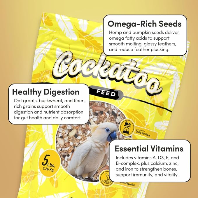 Mycelium Organic Cockatoo Bird Seed (5 LB Bag) | High-Protein Bird Food with Seeds, Pellets & Kibble | Supports Feather Health, Energy & Digestion | Non-GMO, USA-Grown