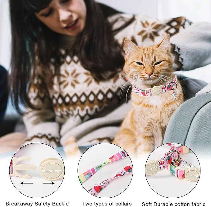 ARING PET 2 Pack Cat Collars-Cute Breakaway Cat Collar with Bell & Pendant, Adjustable Strawberry&Ice Cream Pattern Kitten Collars with Safety Buckle for Girl and Boy Cats