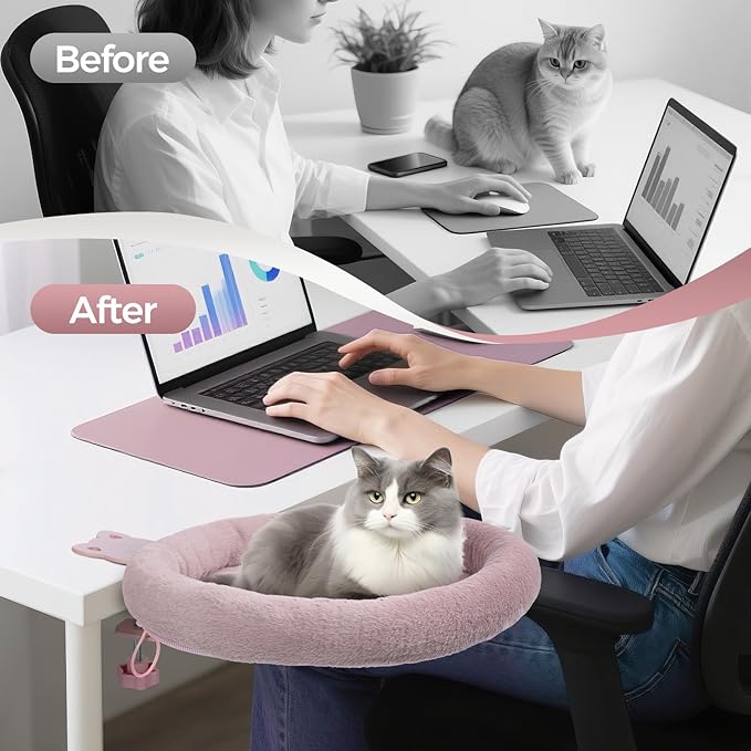 Rotating Cat Desk Bed - 40 LBS Chair-Side Cat Sleeping Basket with Bed for Desk, 360° Swivel & Removable Washable Cushion for Office Comfort(Pink