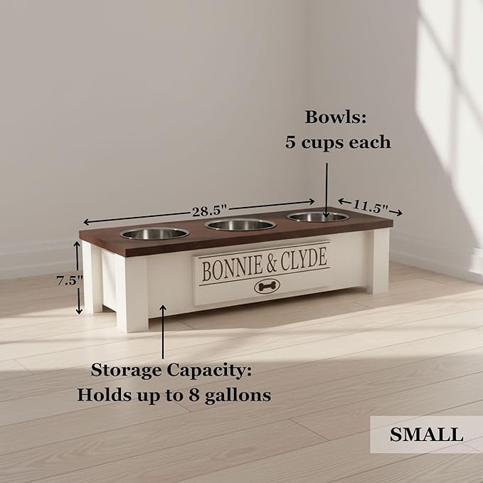 GrooveThis Woodshop - Personalized Elevated Triple Dog Bowl Stand for Large, Medium, Small, X-Small Dogs - 3 Stainless Steel Food and Water Bowls - Raised Dog Dish with Internal Storage (Small, Grey)
