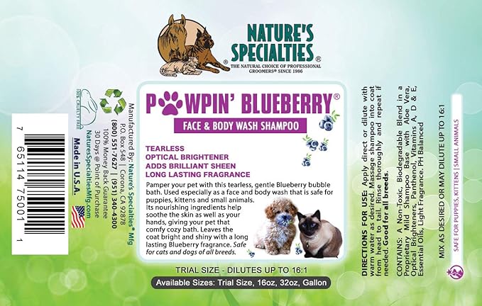 Nature's Specialties Pawpin' Blueberry Ultra Concentrated Dog Face and Body Wash for Pets, Makes up to 2 Gallons, Natural Choice for Professional Groomers, Tearless Formula, Made in USA, 16 oz