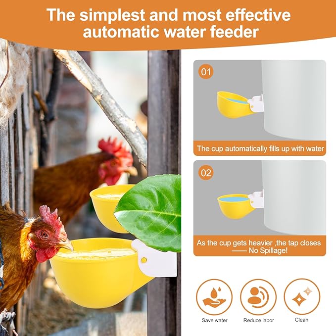 Chicken Waterer Cups (8 Pack/Yellow) - DIY Automatic Large Chicken Water Feeder for Ducks,Chicks, Turkeys, Quail, Bunny, Bird and Other Various Poultry Dispenser with Matching Drill