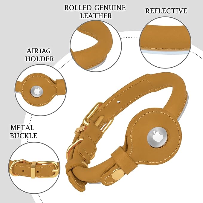 OOPSDOGGY Rolled Leather Dog Collar with Airtag Holder - Reflective Round Airtag Dog Collar - Soft Tracking Pet Collar for Small Dogs Puppy Cats Kitten (Camel, XXS, 7"-9")