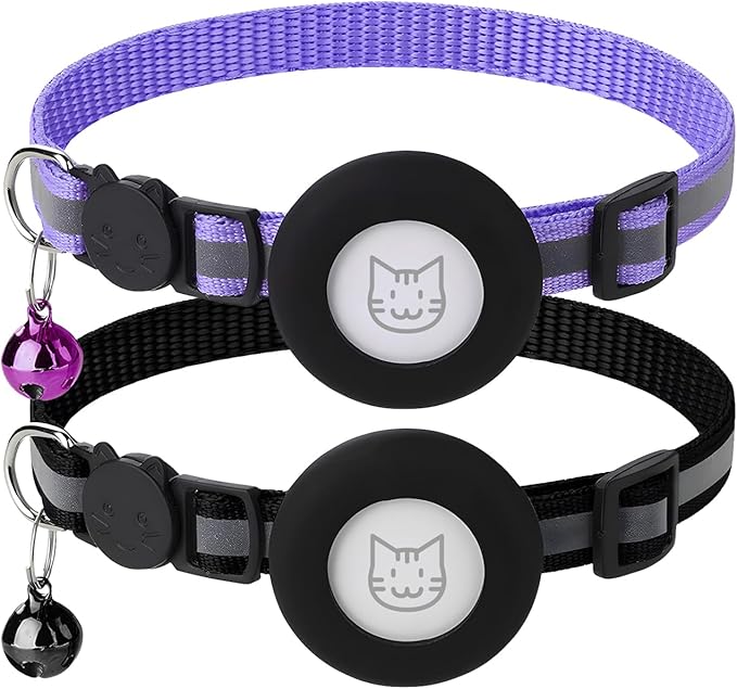 2 Pack Airtag Cat Collar with Bell, Reflective Nylon Kitten Collar with Apple Air Tag Holder and Breakaway Safety Buckle for Puppy Girl Boy Cats, 3/8" in Width and Lightweight, Black/Purple
