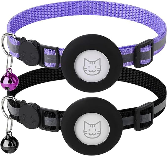 2 Pack Airtag Cat Collar with Bell, Reflective Nylon Kitten Collar with Apple Air Tag Holder and Breakaway Safety Buckle for Puppy Girl Boy Cats, 3/8" in Width and Lightweight, Black/Purple