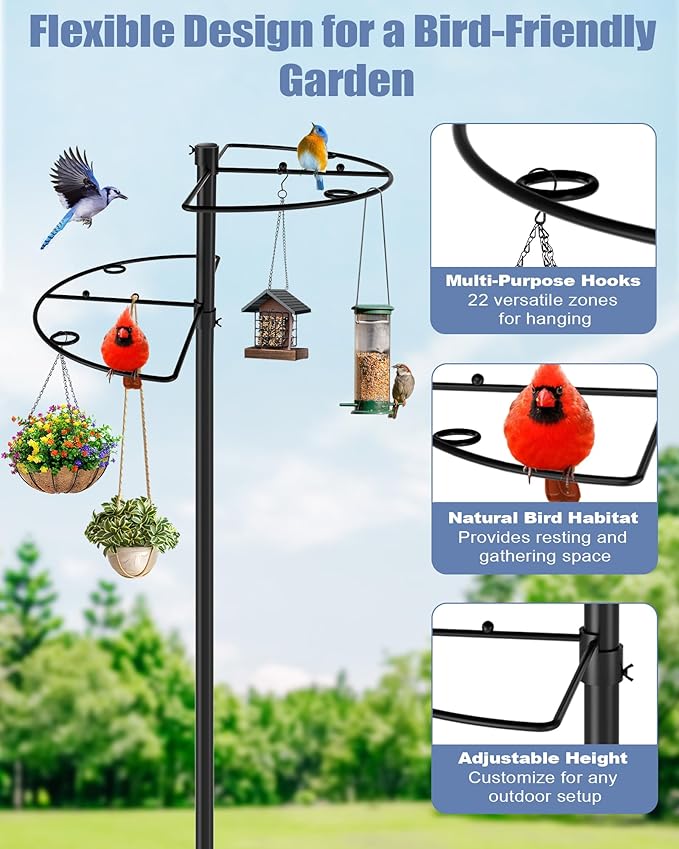 Bird Feeder Pole Stand - 74.5 Inch Bird Feeding Station with Semicircular Hook for Outdoors, 22 Hanging Areas for Suet Feeders, Plant Baskets, Lanterns, Wind Chime, Slip-Fit Connection