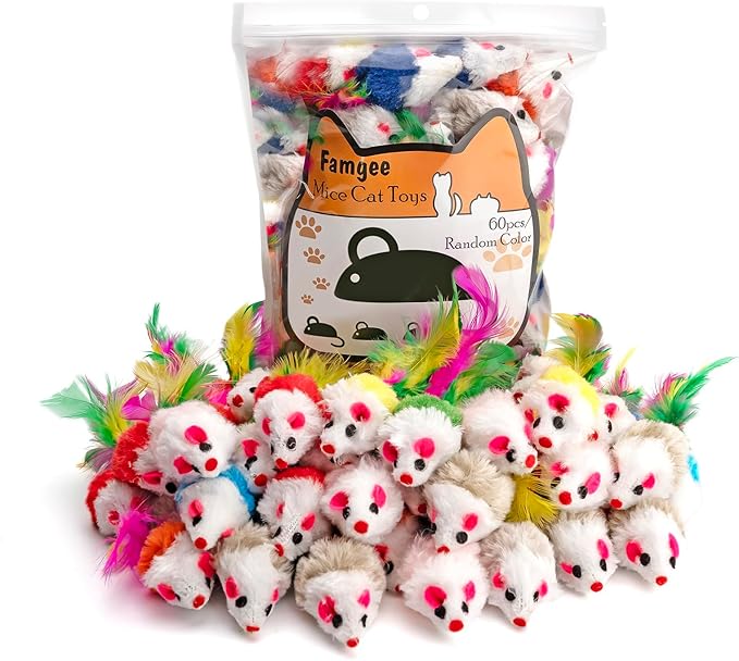 60 PCS Furry Cat Toys Squeak Mouse Rattle Mice Cat Catcher Pet Toys with Feather Tails (Random Color)