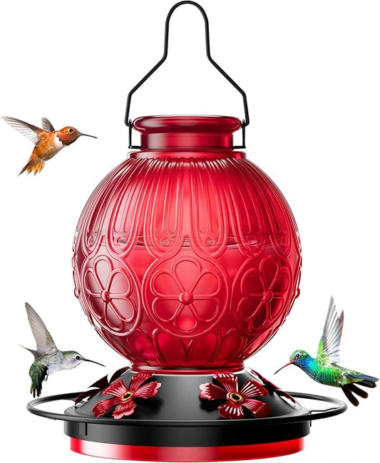 26Oz Hummingbird Feeder for Outdoors, Vintage Glass Bird Feeder with Perch, Durable & Easy to Clean, Hanging Nectar Feeder for Garden, Yard, Deck – Gift for Bird Lovers (Red)
