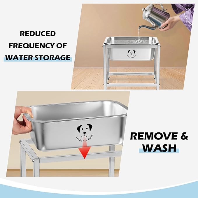 1.25 Gallon Elevated Large Dog Water Bowl, 10.23" Raised Stainless Steel Bowl for Medium Large Breed, Elevated Dog Water Bowl with Full Metal Stand, Easy to Clean and Assemble for Indoor Outdoor