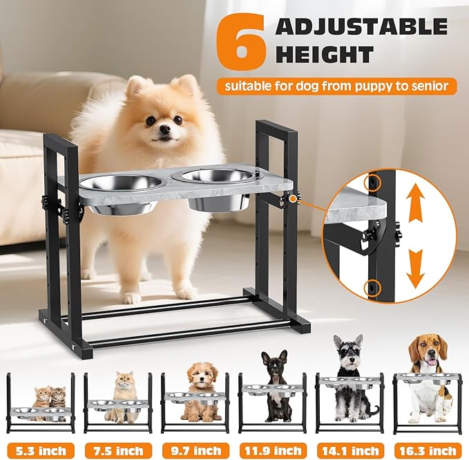 Elevated Dog Bowls for Dogs, 6 Heights Adjustable Raised Dog Bowl with Slow Feeder - 3 Stainless Steel Bowl, Tiltable Non-Slip Feeding Bowls with Metal Stand