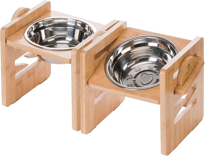 Elevated Dog Bowls, 6 Heights Adjustable Raised Dog Bowl 2.4″-6.7″, with Food Grade 304 Stainless Steel 15 OZ, Bamboo Dog Bowl Stand for Small & Medium Dogs Cats, 2 Pack