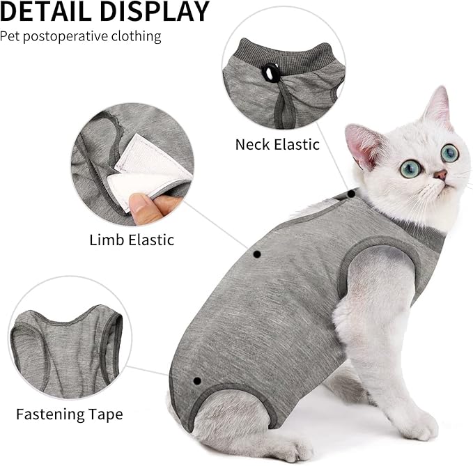 Kitten Onesies,Cat Recovery Suit for Abdominal Wounds or Skin Diseases,After Surgery Wear Anti Licking Wounds,Breathable E-Collar Alternative for Cat Grey M
