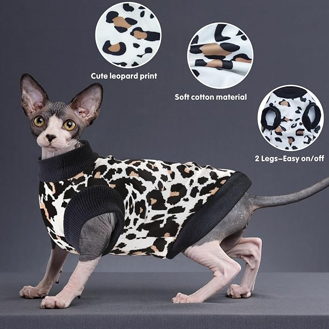 Idepet Cat Clothes Kitten Sweater Soft Kitten Shirt Cute Leopard Print Kitty Vest Pullover Pajamas Jumpsuit Cotton Apparel for Hairless Cats &Puppy (White,XXL)