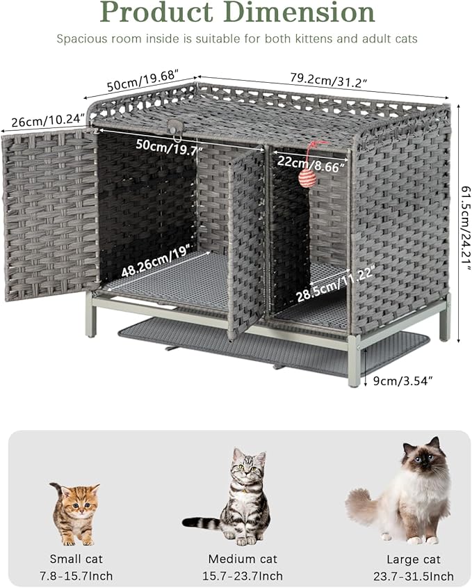 Cat Litter Box Enclosure Furniture with Divider, Handwoven Rattan Litter Box with Mat, 31.2 x 19.6 x 24.2 Inches, Metal Heightened Feet, Hidden Cat House for Living Room, Bedroom (Gray)