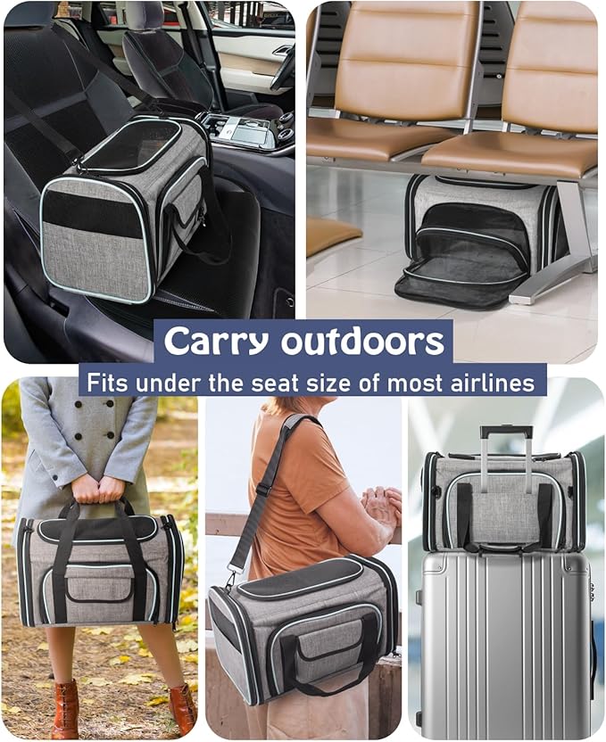 Siivton Cat Carrier,4 Sided Expandable Pet Carrier for Travel,Collapsible Soft-Sided Carriers with Removable Fleece Pad and Shoulder Straps,Airline Approved(17.5"x 11"x 11")
