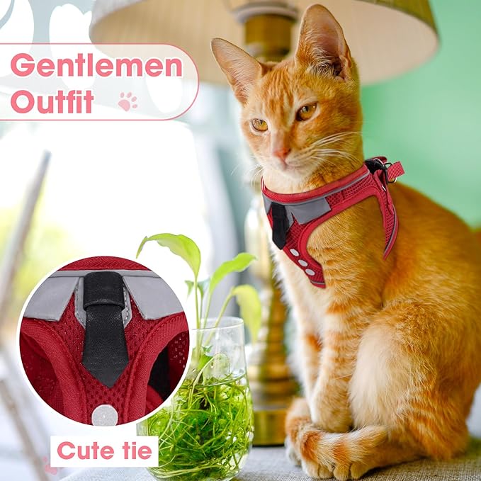Cat Harness and Leash Set for Walking Escape Proof, Soft Adjustable Kitten Harness Breathable Mesh with Reflective Strips Harness for Kitty Puppy Bunny(Red,S)